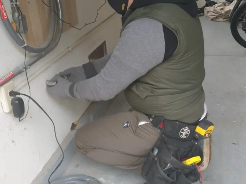 Electrician performing outlet wiring in a Oelwein garage
